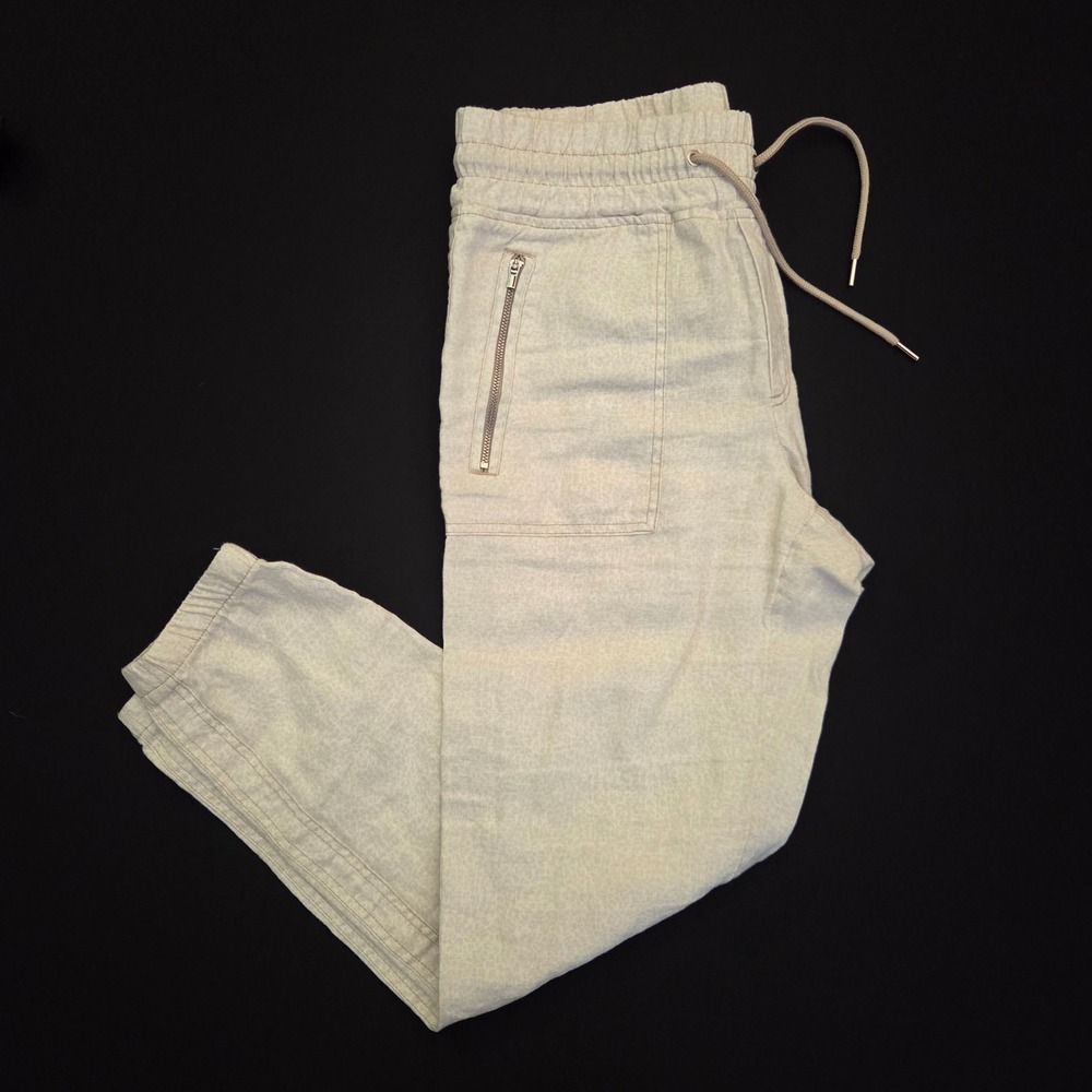 Athleta Cabo Linen Jogger Pants Womens 6 White Leopard Print Zip Pocket Casual